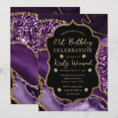 Elegant Paars & Gold Glitter Agate 21st Birthday Kaart (Voorkant / Achterkant)