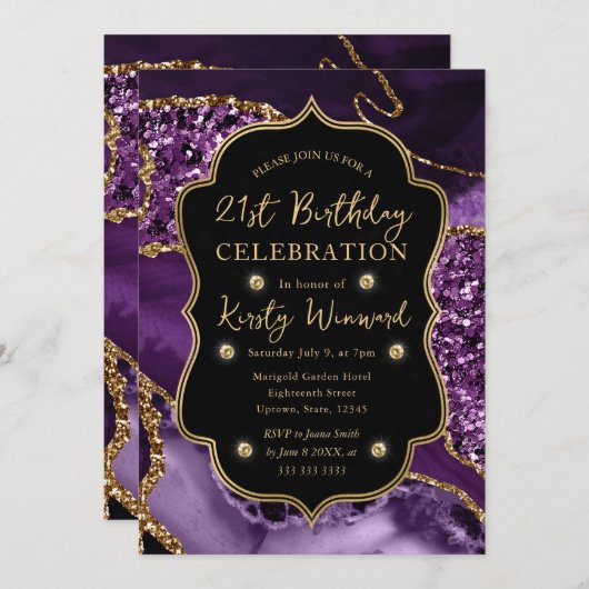 Elegant Paars & Gold Glitter Agate 21st Birthday Kaart (Voorkant / Achterkant)