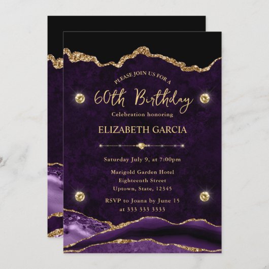 Elegant Paars & Gold Glitter Agate 60th Birthday Kaart (Voorkant / Achterkant)