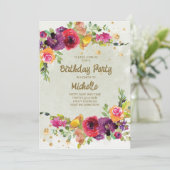 Elegant Paars Gold Glitter Floral Birthday Kaart (Staand voorkant)