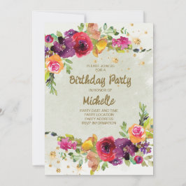 Elegant Paars Gold Glitter Floral Birthday Kaart