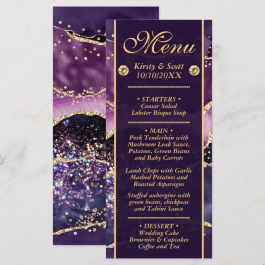 Elegant Paars Gold Glitter Marble Agate Wedding Menu (Voorkant / Achterkant)