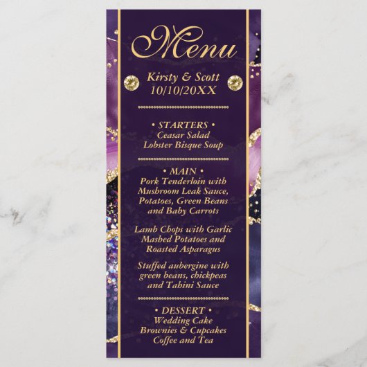 Elegant Paars Gold Glitter Marble Agate Wedding Menu (Voorkant)