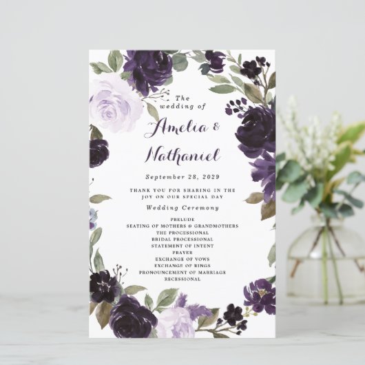 Elegant Paars Gold Green Floral Wedding Programs (Staand voorkant)