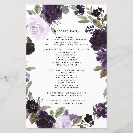 Elegant Paars Gold Green Floral Wedding Programs (Achterkant)