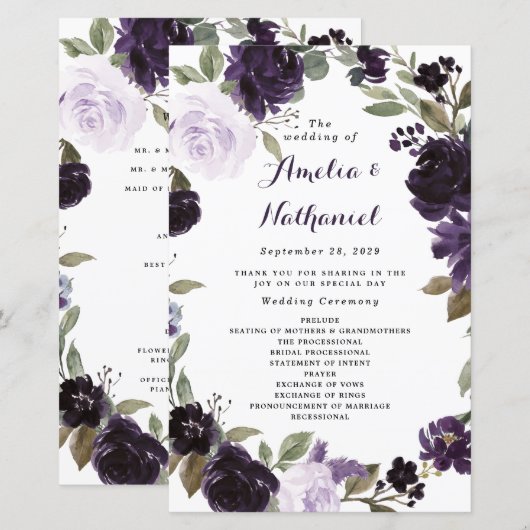 Elegant Paars Gold Green Floral Wedding Programs (Voorkant / Achterkant)