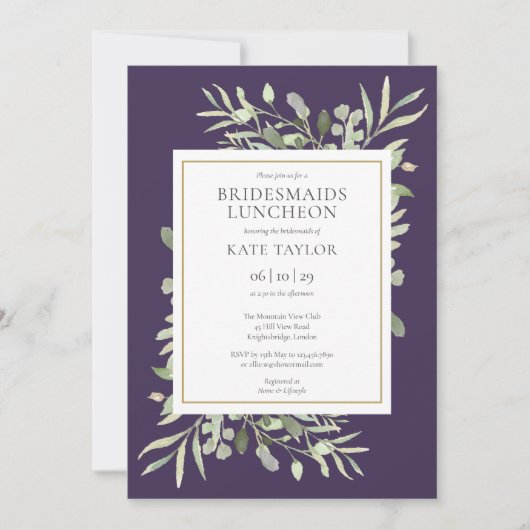 Elegant Paars Gold Greenery Bridesmaids Luncheon Kaart (Voorkant)