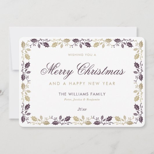 Elegant Paars Gold Merry Happy Nieuwjaar Feestdagenkaart (Voorkant)