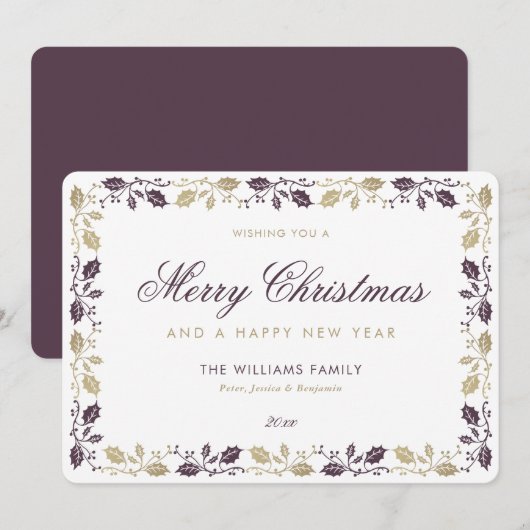 Elegant Paars Gold Merry Happy Nieuwjaar Feestdagenkaart (Voorkant / Achterkant)