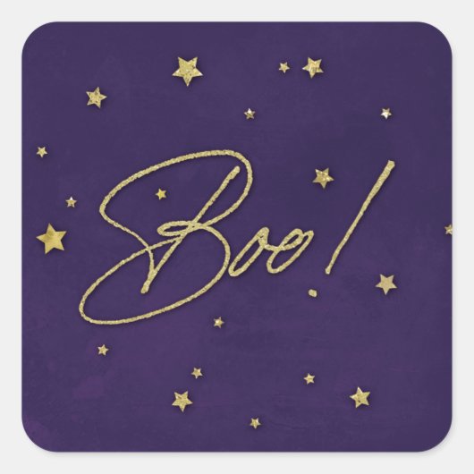 Elegant Paars+Gold Scattered Stars Boo! Halloween Vierkante Sticker (Voorkant)