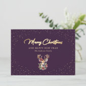 Elegant Paars Gold Snow Reindeer Merry Kerstmis Feestdagenkaart (Staand voorkant)