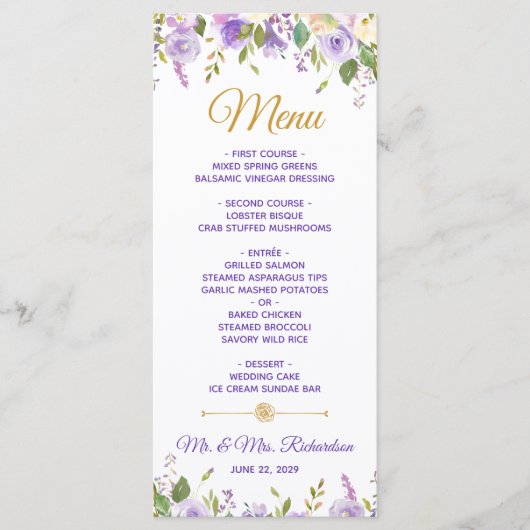 Elegant Paars Gold Waterverf Floral Wedding Menu (Voorkant)