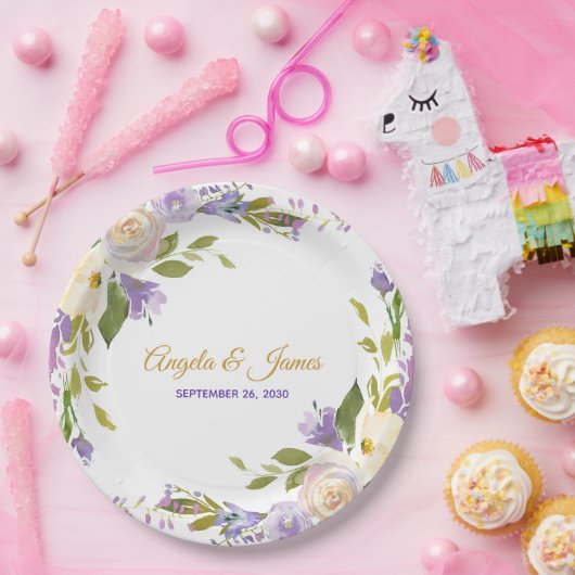 Elegant Paars Gold Waterverf Floral Wedding Papieren Bordje (Feest)