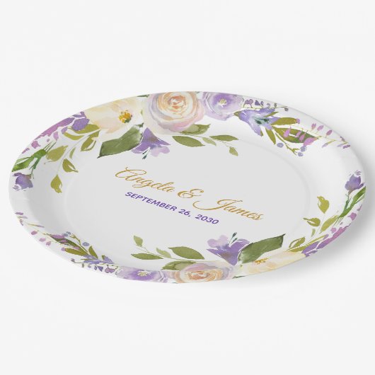 Elegant Paars Gold Waterverf Floral Wedding Papieren Bordje (Gekanteld)