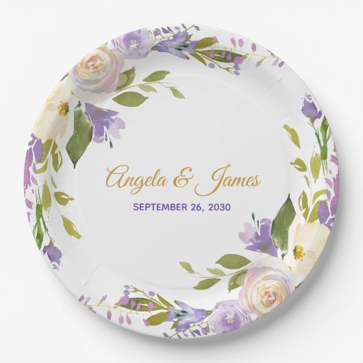 Elegant Paars Gold Waterverf Floral Wedding Papieren Bordje (Voorkant)