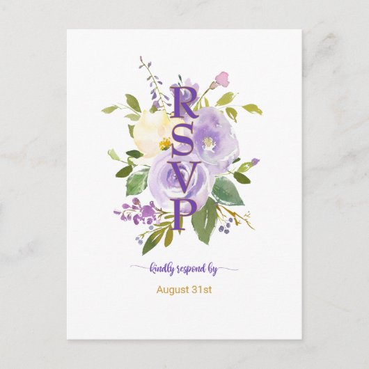 Elegant Paars Gold Waterverf Floral Wedding RSVP Uitnodiging Briefkaart (Voorkant)