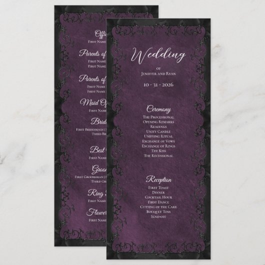 Elegant paars gotisch huwelijksprogramma menu (Voorkant / Achterkant)