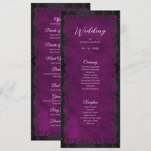 Elegant paars gotisch huwelijksprogramma menu (Voorkant / Achterkant)