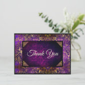 Elegant paars goud bloemendamask monogram bedankkaart (Staand voorkant)
