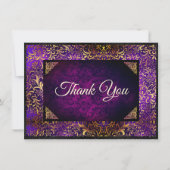 Elegant paars goud bloemendamask monogram bedankkaart (Voorkant)