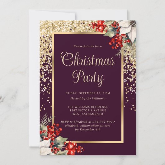 Elegant Paars Goud Botanisch Kerstfeest Kaart (Voorkant)