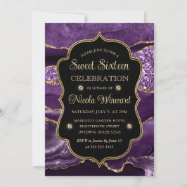 Elegant Paars & Goud Glitter Agate Sweet Sixteen Kaart