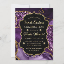 Elegant Paars & Goud Glitter Agate Sweet Sixteen Kaart