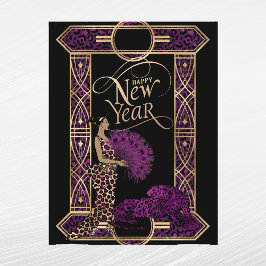 Elegant Paars Goud Luipaard Dame Art Deco Nieuwjaa Feestdagenkaart