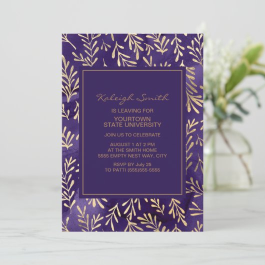 Elegant Paars goudbladerfeest Kaart (Staand voorkant)