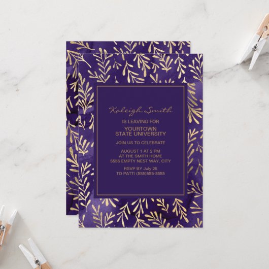 Elegant Paars goudbladerfeest Kaart (Voorkant / Achterkant in situ)