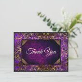 Elegant paars gouden bloemendamask monogram bedankkaart (Staand voorkant)