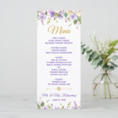 Elegant Paars Gouden Waterverf Bloem Bruiloft Menu (Staand voorkant)