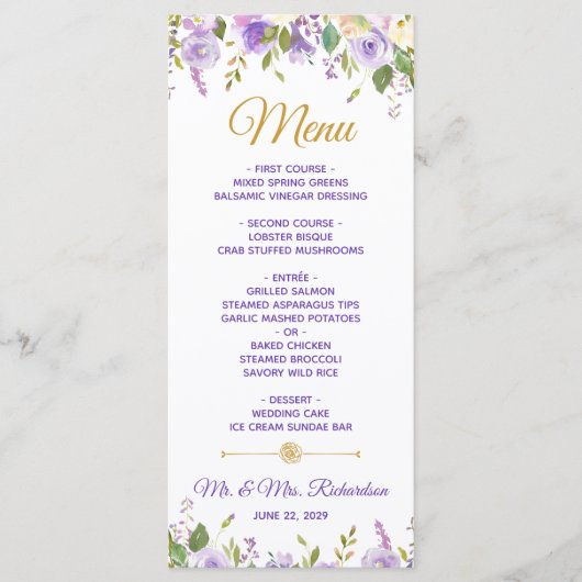 Elegant Paars Gouden Waterverf Bloem Bruiloft Menu (Voorkant)