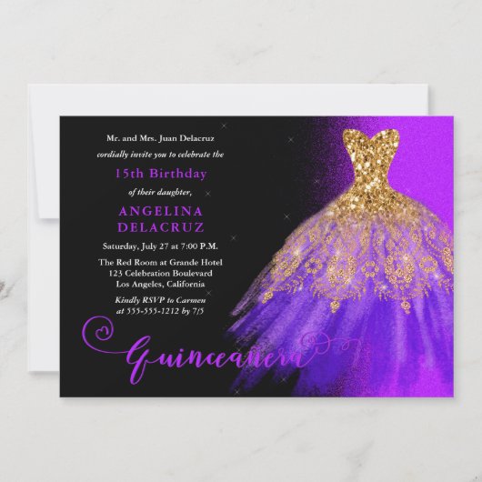 Elegant Paars Gown Quinceañera Kaart (Voorkant)