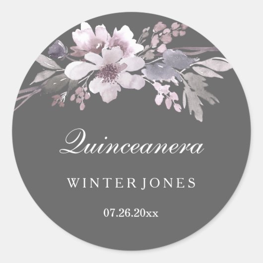 Elegant Paars Gray Floral Quinceanera Stickers (Voorkant)