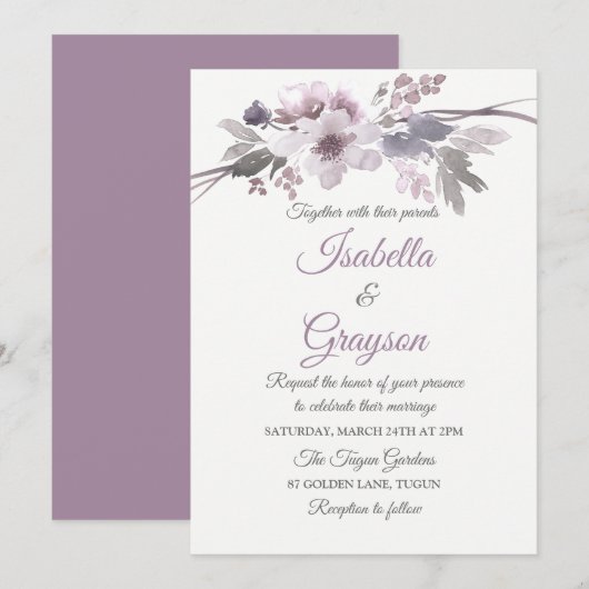 Elegant Paars Gray Floral Wedding Invite Kaart (Voorkant / Achterkant)