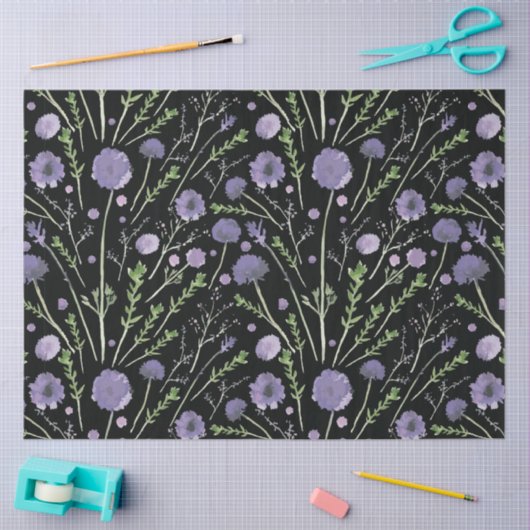 Elegant Paars Green Black Waterverf Flowers Tissuepapier (Craft)