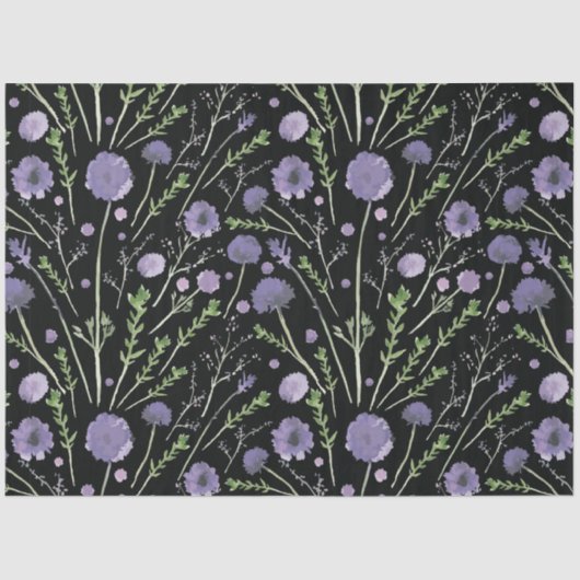 Elegant Paars Green Black Waterverf Flowers Tissuepapier (Voorkant)