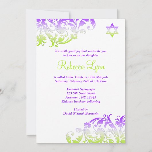 Elegant Paars Green Flourish Bat Mitzvah Kaart (Voorkant)