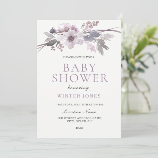 Elegant Paars Grey Winter Flowers Baby shower Kaart (Staand voorkant)