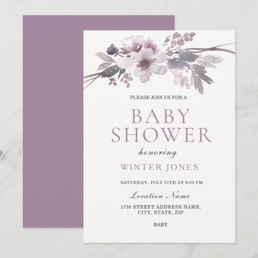 Elegant Paars Grey Winter Flowers Baby shower Kaart (Voorkant / Achterkant)