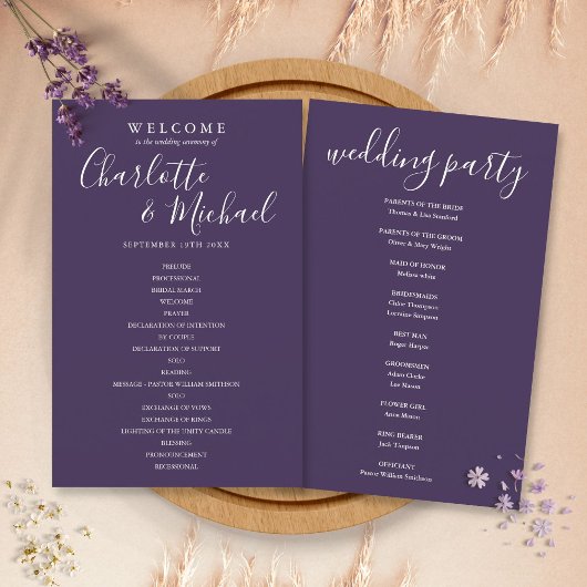 Elegant Paars Handtekening Script Huwelijksprogram