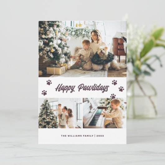 Elegant Paars Happy Pawlidays Gold Stars Foto Feestdagenkaart (Staand voorkant)
