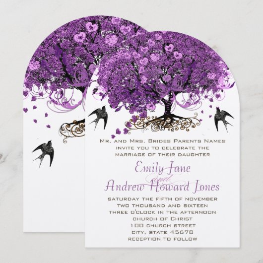 Elegant Paars Heart Leaf Tree Wedding Kaart (Voorkant / Achterkant)