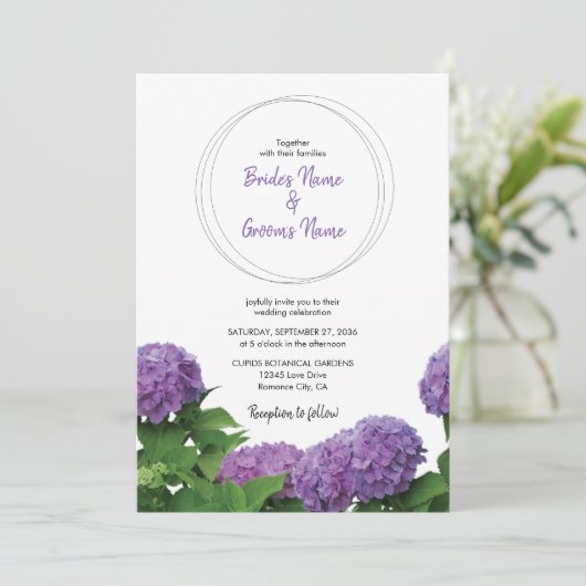 Elegant Paars Hydrangea Wedding Invitations Kaart (Staand voorkant)