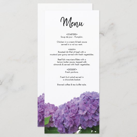 Elegant Paars Hydrangea Wedding Menu (Voorkant / Achterkant)