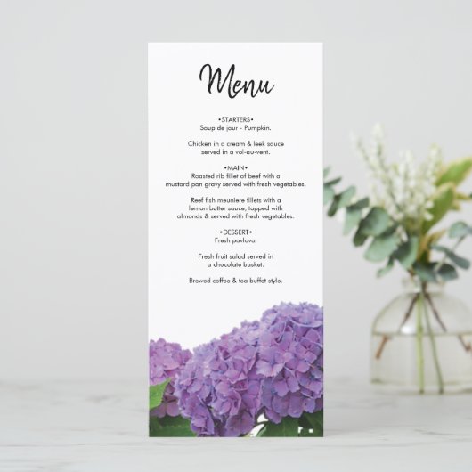 Elegant Paars Hydrangea Wedding Menu (Staand voorkant)
