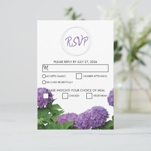 Elegant Paars Hydrangea Wedding RSVP Kaarten (Staand voorkant)