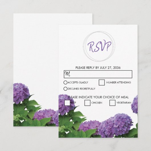 Elegant Paars Hydrangea Wedding RSVP Kaarten (Voorkant / Achterkant)