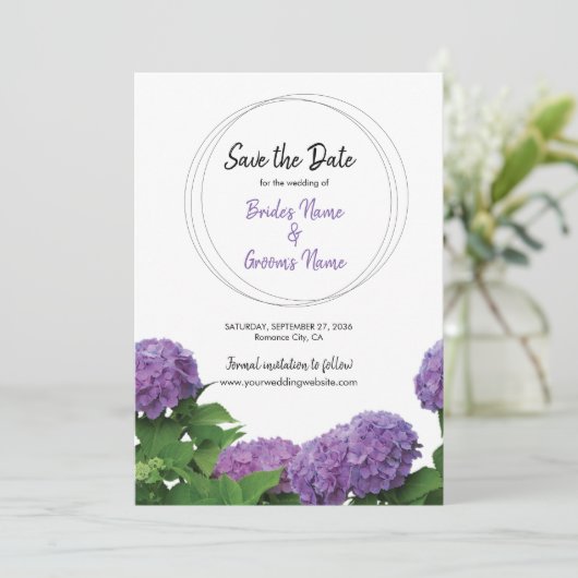 Elegant Paars Hydrangea Wedding Save the Date (Staand voorkant)
